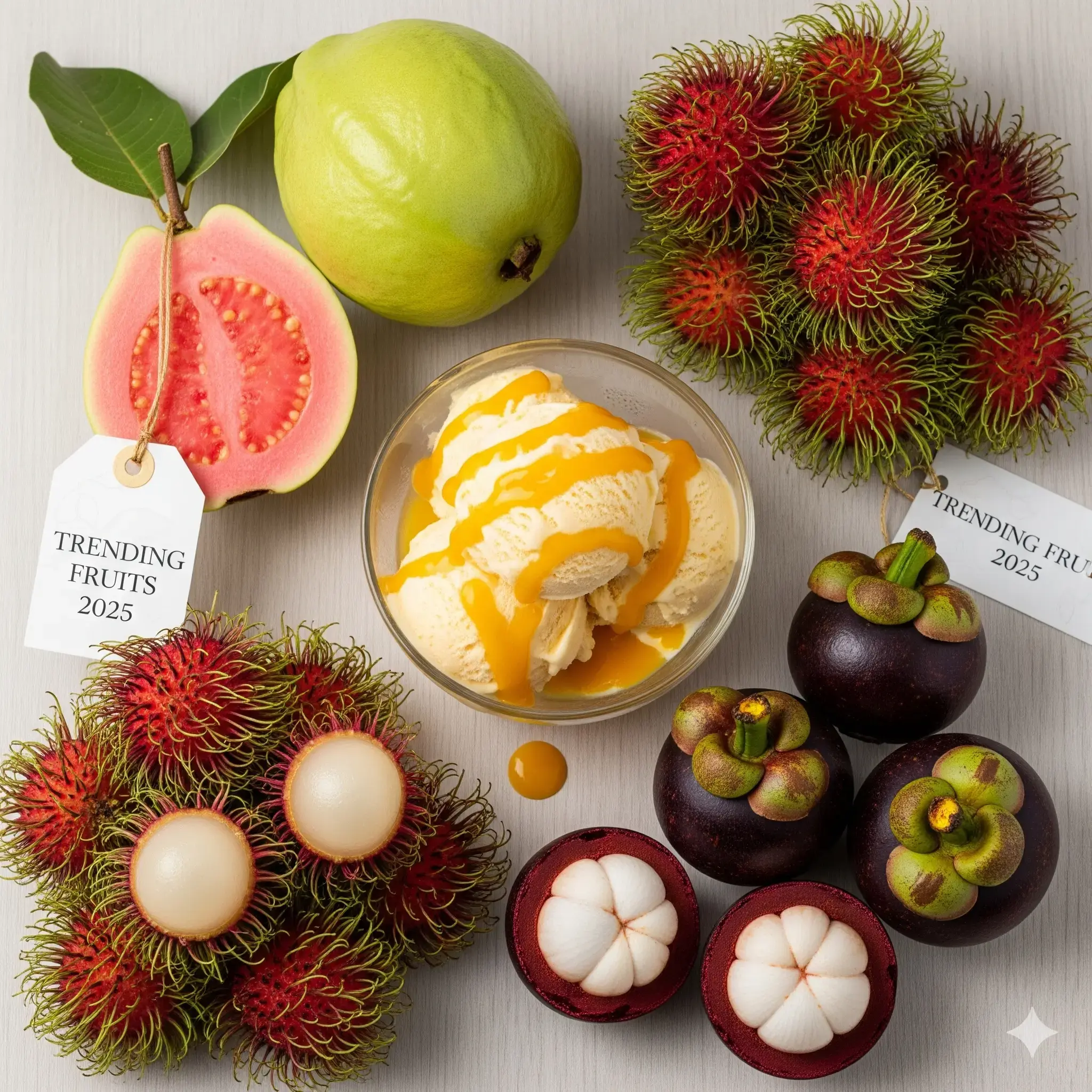 Trending Fruits 2025 – Guava, Rambutan, Mangosteen और Viral Mango Ice Cream की पूरी लिस्ट