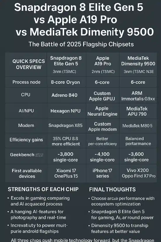 Snapdragon 8 Elite Gen 5 vs Apple A19 Pro vs MediaTek Dimensity 9500