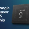A sleek digital rendering of the Google Tensor G5 chip set against a blue-to-teal gradient background, featuring the text "Google Tensor G5 Chip" in bold white letters beside a black processor with the words "Tensor G5" and a dotted border design.