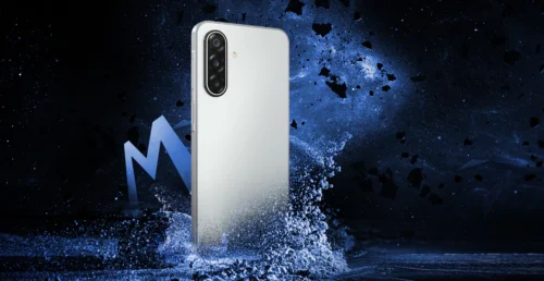 Samsung Galaxy M17 5G in Sapphire Black showcasing its sleek design, 50MP no-shake camera, and vibrant AMOLED display.