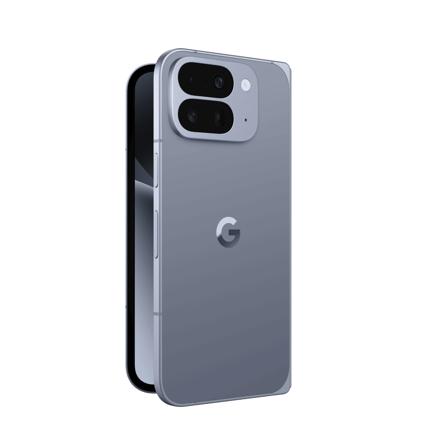 Close-up image of the Google Pixel 10 Pro Fold smartphone showing its triple rear camera setup, sleek foldable hinge design, and reflective metallic finish.