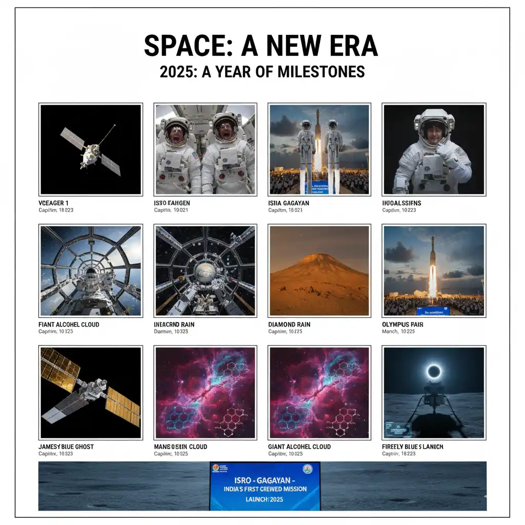 Space Exploration, Astronomy Facts, 2025 Space Missions, NASA History, ISRO Gaganyaan, James Webb Space Telescope, Voyager 1, International Space Station, Moon Exploration, Commercial Space Flight, Science Trivia, Mars Olympus Mons, Lunar Regolith Bricks, Valentina Tereshkova, Interstellar Space, Apollo 11 Facts