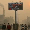कांच नगरी की 'धुंधली सुहाग': Firozabad 327 AQI के पीछे छिपा गहरा स्वास्थ्य संकट "Firozabad air pollution crisis showing a digital board with AQI 327 and thick smog on a busy street"