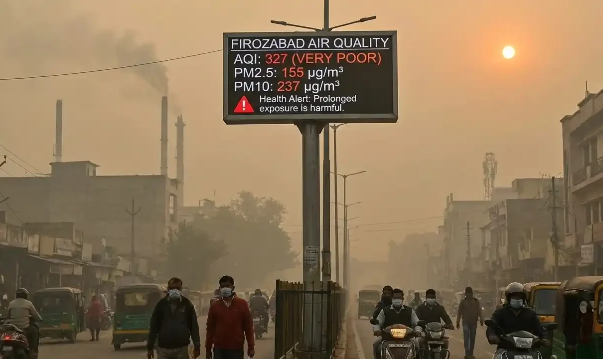 कांच नगरी की 'धुंधली सुहाग': Firozabad 327 AQI के पीछे छिपा गहरा स्वास्थ्य संकट "Firozabad air pollution crisis showing a digital board with AQI 327 and thick smog on a busy street"